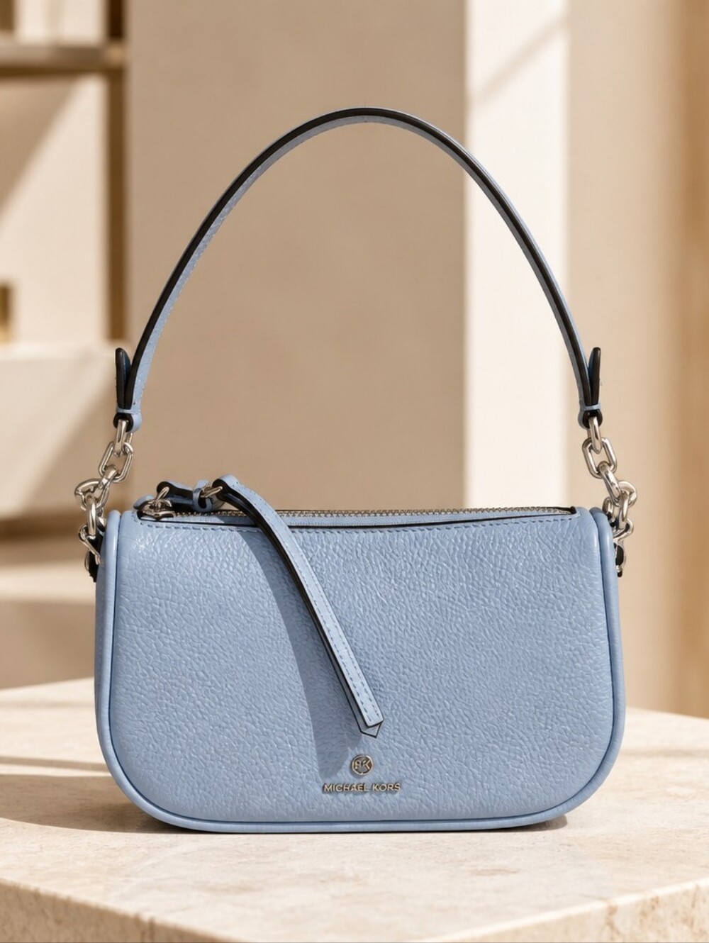 MICHAEL KORS Powder Blue Pebbled Leather Shoulder Bag